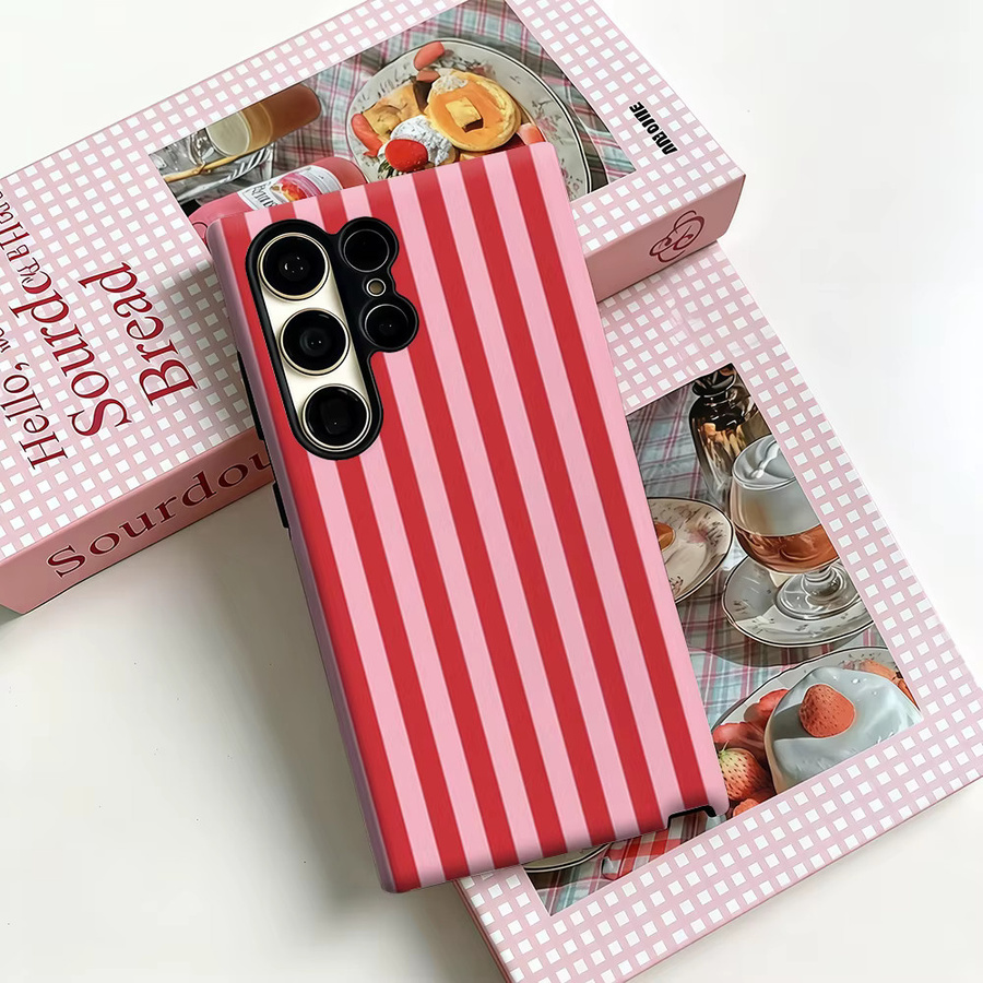 Stoßfeste Doppelschicht Handyhülle mit roten und rosa vertikalen Streifen für Samsung Galaxy S25 Ultra, S24 und S23 Ultra Plus - Bild 3