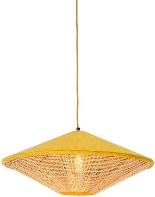 QAZQA Landhaus Pendelleuchte aus Samt und Rattan in Gelb, dimmbar und höhenverstellbar, Durchmesser: 60 cm - Bild 1