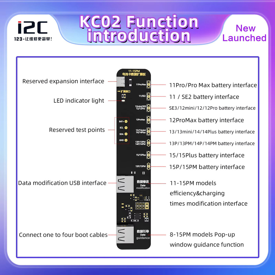 i2c kc02 Batterie-Erweiterungskarte für iPhone 11 bis 15 Pro Max in Schwarz - Bild 2