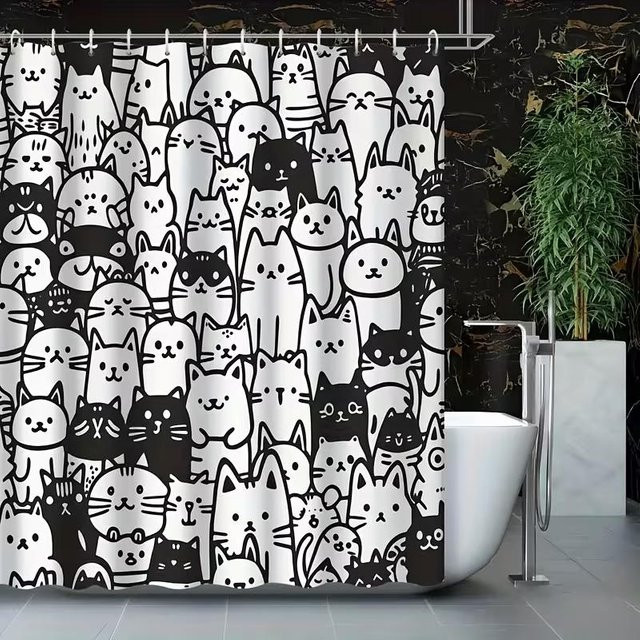 VIKAMA Duschvorhang mit Schwarz-Weiß-Cartoon-Katzen-Motiv aus Polyester, B: 120 cm, H: 180 cm - Bild 1