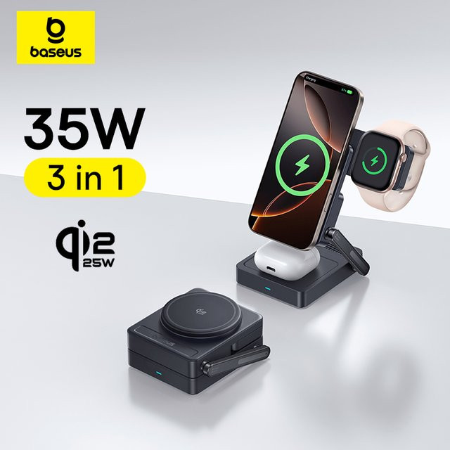 Baseus 3-in-1 Magnetisches Kabelloses Ladegerät Qi2.2 25W Schnellladung für iPhone, Apple Watch und AirPods Pro in Schwarz - Bild 1