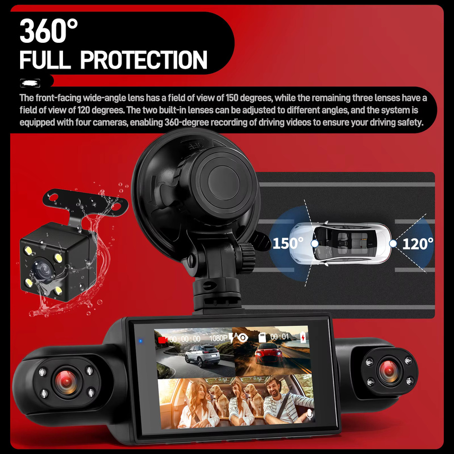 Podofo 4-Kanal Auto-Dashcam mit 1080P Full HD, 3 Zoll Videorekorder in Schwarz mit Bewegungserkennung, Parküberwachung und Schleifenaufnahme für Front, Heck, Links und Rechts - Bild 3