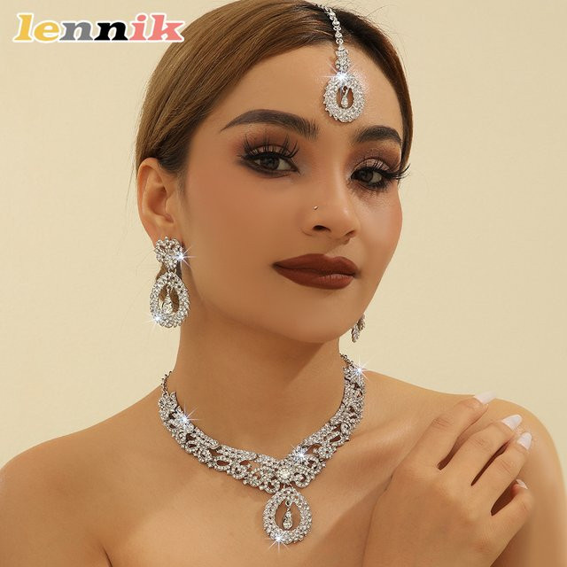 LENNIK Schmuck-Set, Halskette, Ohrringe, Stirnkette, Gold, Kristall - Bild 1