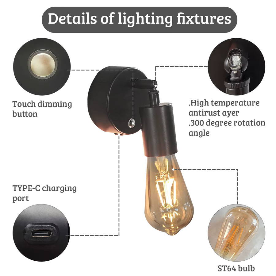 Nordic Retro Wandlampe Schwarz mit Fernbedienung und Touch-Schalter, dimmbar, 6W, E27, mit 5200mAh Akku für Wohnzimmer und Nachtbeleuchtung - Bild 5