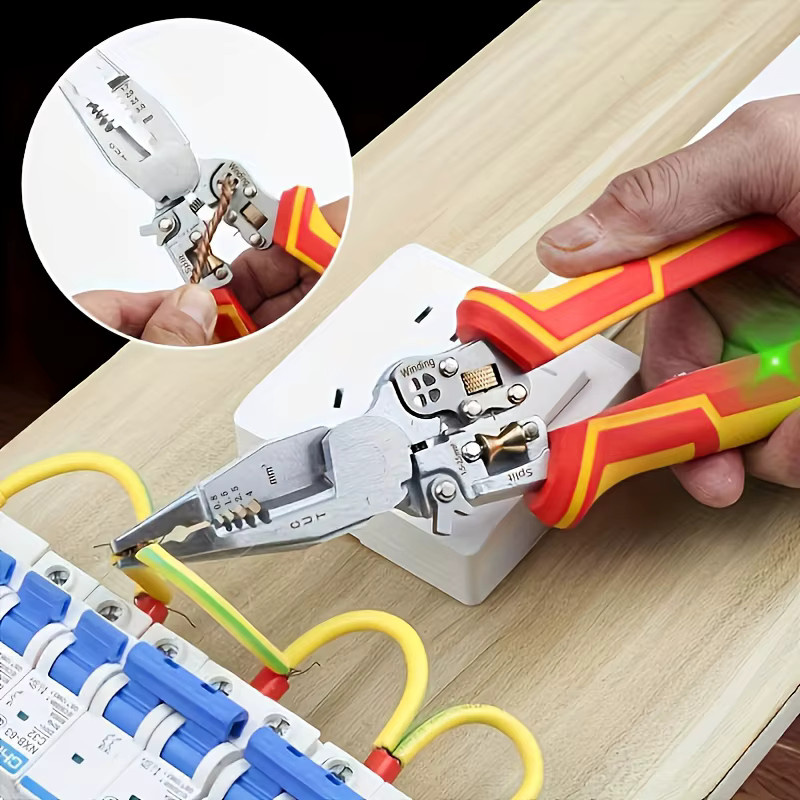 LiTuiLi 9-in-1 Multifunktionale Abisolierzange mit Spannungsprüfer in Rot und Blau für Elektroarbeiten - Bild 2