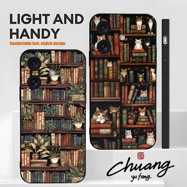 Apple iPhone 11-16 Handyhülle Vintage Bücherregal und Kätzchen Design in Schwarz und Multicolour aus Frosted TPU mit UV-Lackierung - Bild 1