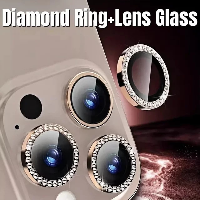 Diamant Objektiv Schutz für iPhone 16 15 Pro Max 14 Plus mit Glitter Metall Ring in Gold und Multicolour, 2-3 Stück - Bild 1