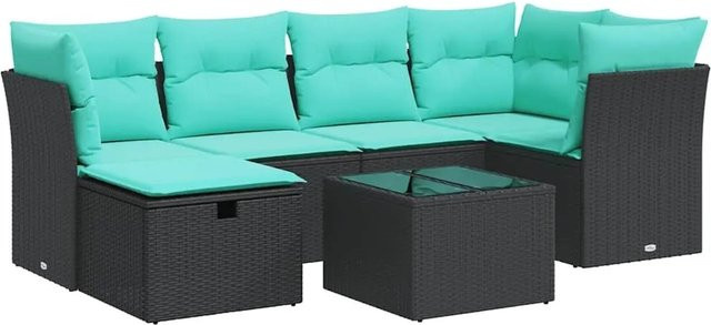 vidaXL 7-teilige Garten-Sofagarnitur aus Polyrattan mit Kissen in Schwarz und Blau - Bild 1