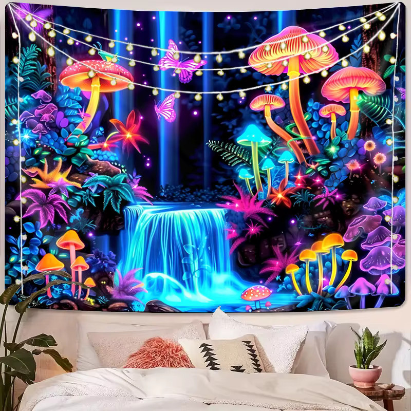 VIKAMA Wandteppich im Boho-Stil mit fluoreszierenden Pilzen, Wasserfall und Schmetterlingen, Mehrfarbig, Breite: 75 cm, Höhe: 58 cm - Bild 2