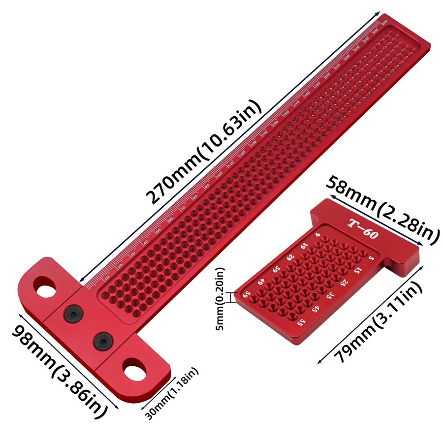 GDART T-Typ Anreißwerkzeug aus Aluminiumlegierung für Holzbearbeitung und Zeichnungen, Rot, 60-260 mm - Bild 3