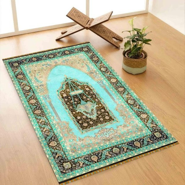 Muslimischer Gebetsteppich Lodestar in Türkis, rutschfester Osmanischer Gebetsteppich mit floralem Design, B/B: 80 x 120 cm - Bild 1