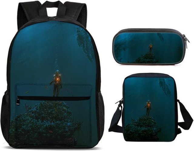 Fancy Style Studio 3er Set Schulset mit Rucksack, Federmäppchen und Umhängetasche im Unterwasserwelt-Design in Blau - Bild 1