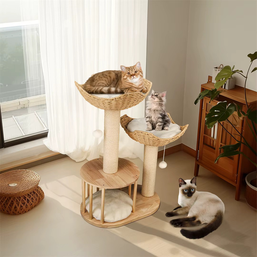 BINGOPAW Moderner 3-stöckiger Katzenbaum in Beige mit Plüschkissen, Körben und Kratzmöglichkeiten aus Holz - Bild 3