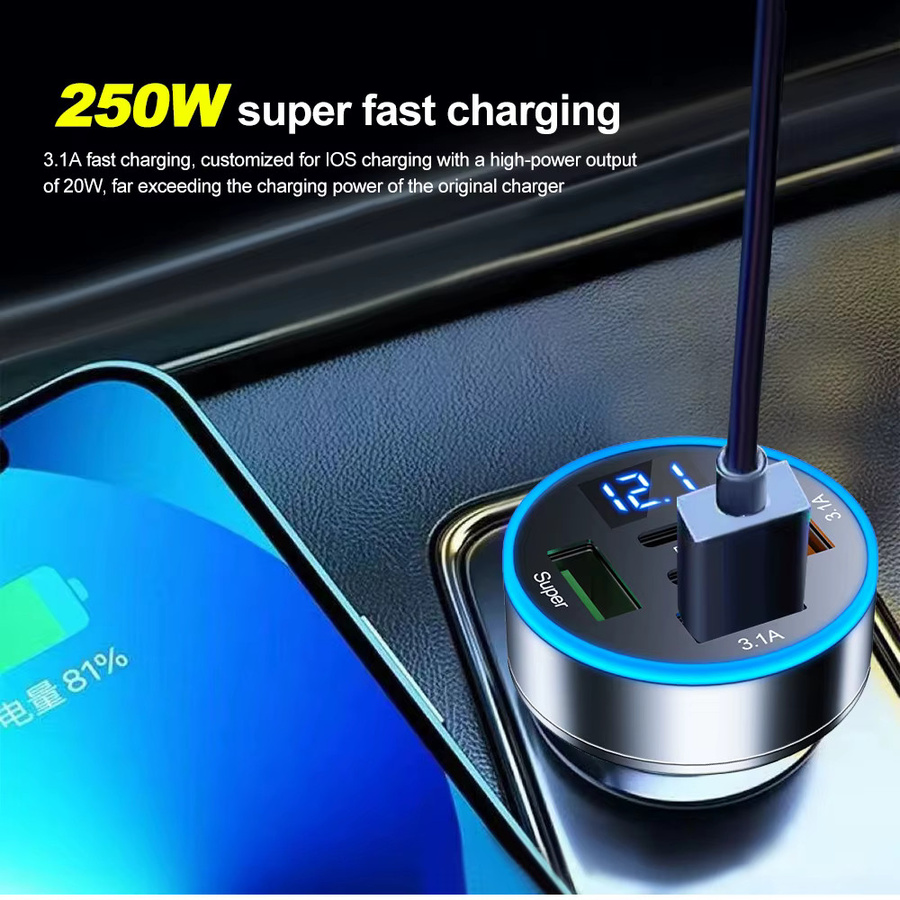 Kebidumei Auto Ladegerät mit 250W Schnellladefunktion, 3 USB und 2 PD USB-C Anschlüssen, Farbe: Silber - Bild 5