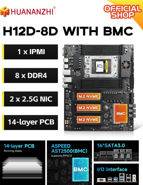 HUANANZHI H12D 8D AMD Motherboard mit BMC-Modul, unterstützt AMD EPYC 7002 und 7003 Serie CPU, 8-Kanal-Speicher, Dual 2.5G Netzwerk, IPMI, Schwarz - Bild 1