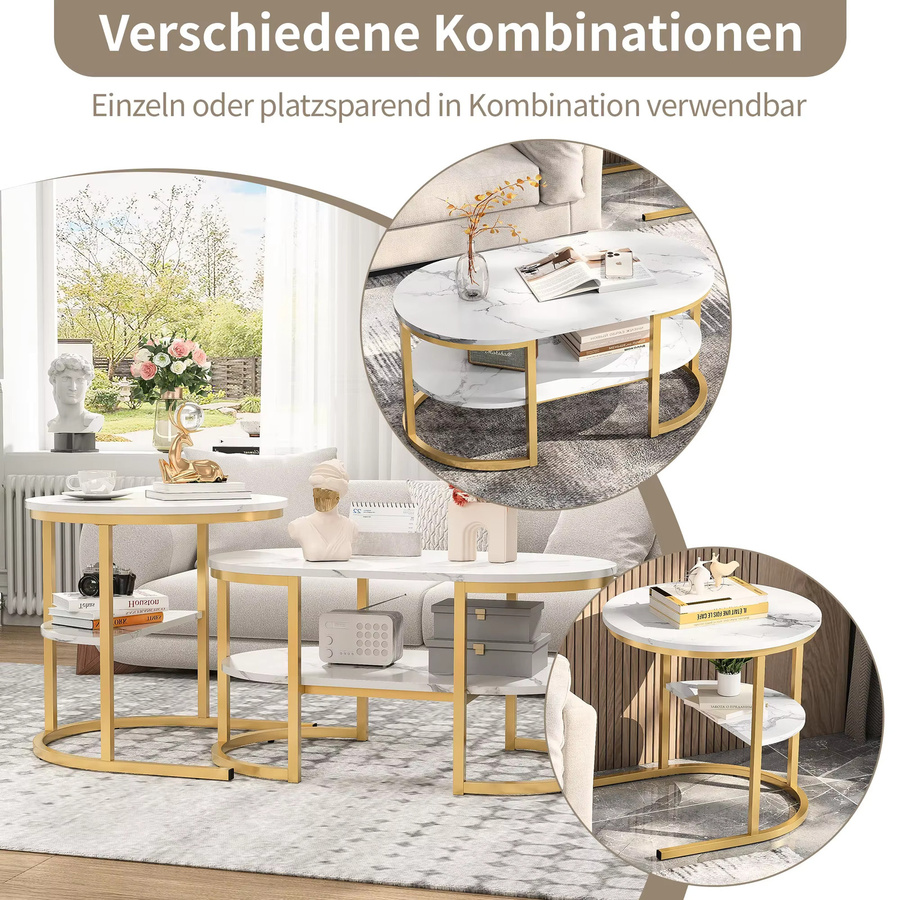 Rosahqnda 2er-Set moderne Couchtische mit Marmormuster und Metallgestell in Weiß - Bild 2