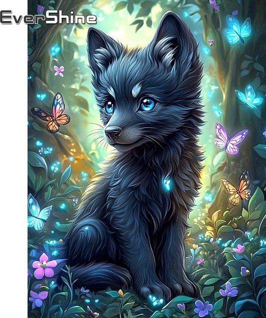 EverShine Diamantmalerei Wolf und Schmetterling als vollquadratische Mosaik-Stickerei für Kinder in Multicolour, Breite: 30,0 cm, Höhe: 20,0 cm - Bild 1