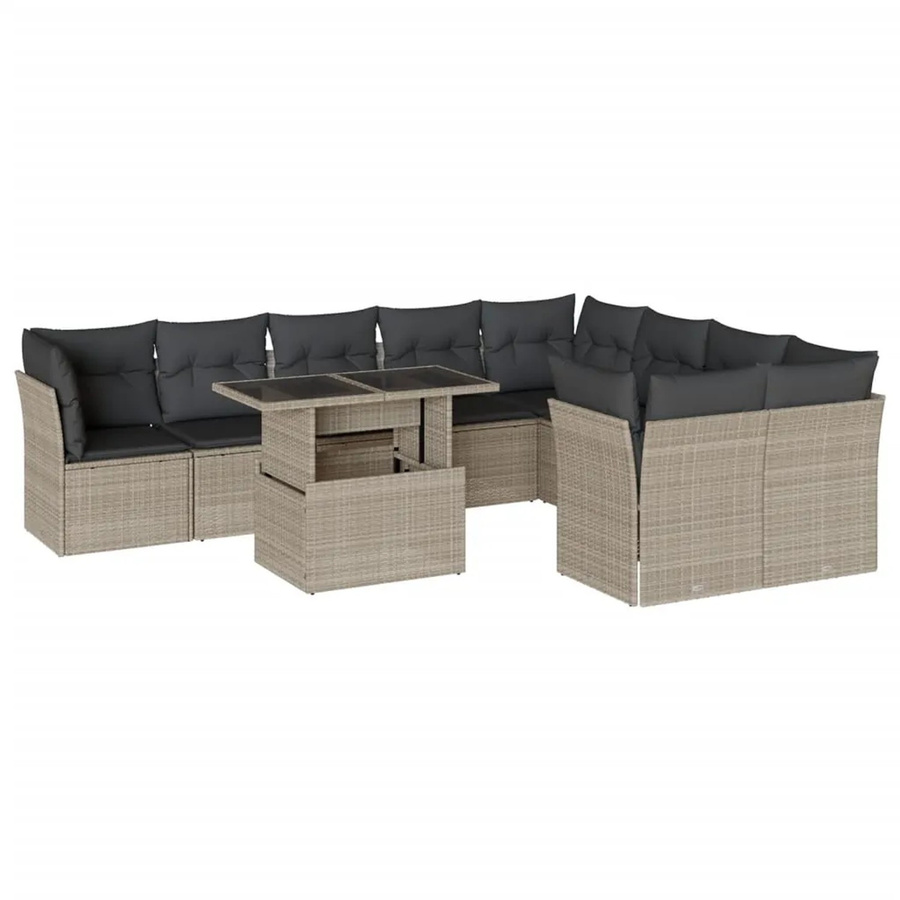 vidaXL 10-teilige Garten-Sofagarnitur aus Polyrattan in Hellgrau mit Kissen und Gartentisch - Bild 2