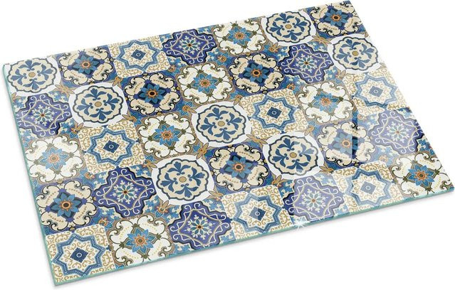Tulup Glasplatte für Kamin mit Mosaikmuster und Blumen in Blau, B/T/H: 100 x 70 cm - Bild 1