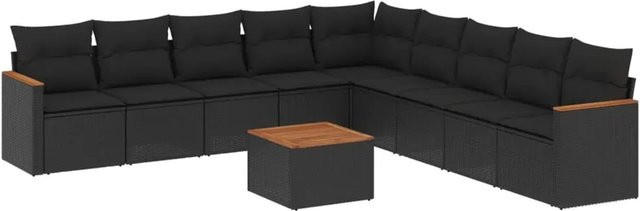 vidaXL 10-tlg Garten-Sofagarnitur in L-Form aus schwarzem Poly-Rattan mit Kissen und pulverbeschichtetem Stahlgestell - Bild 1