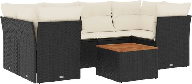 vidaXL 7-tlg Garten-Sofagarnitur aus Poly-Rattan und Akazienholz in Schwarz mit Kissen - Bild 1