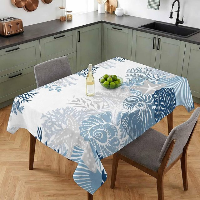 Rechteckige Tischdecke JINGYUE Pet in Blau mit Ozean-Muschel-Korallen-Motiv, wasserabweisend und waschbar, B/T: 140 x 140 cm - Bild 1