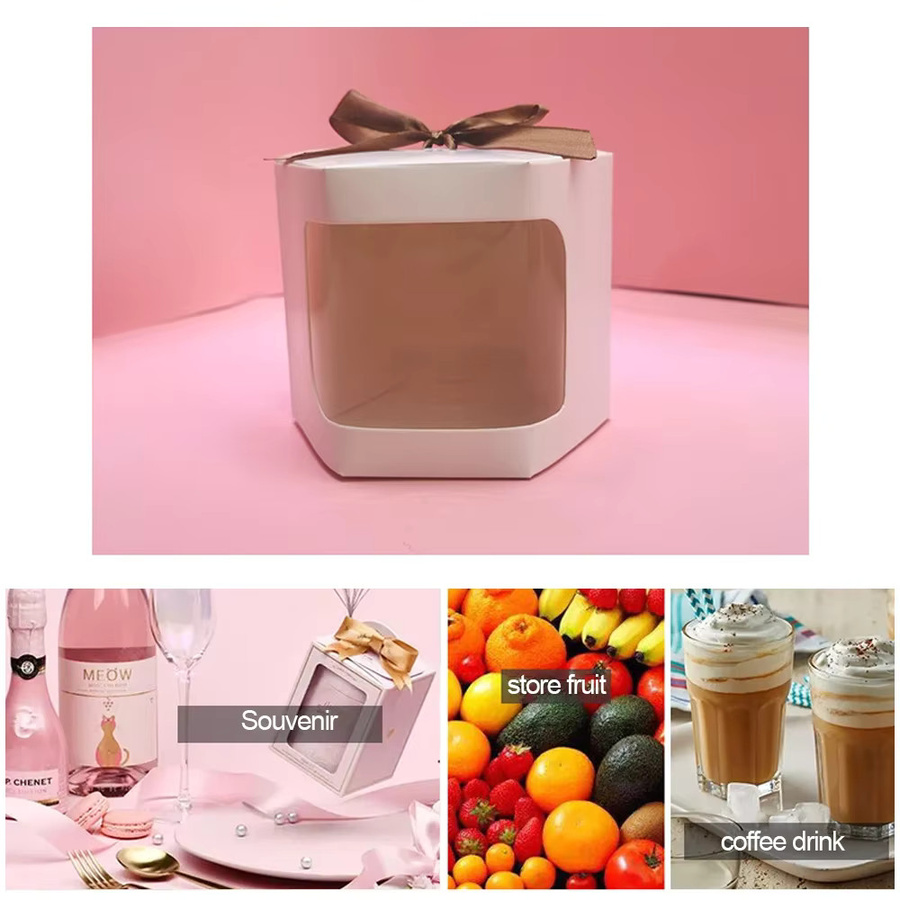 10 Stück sechseckige Kuchenbox-Verpackungen aus Papier mit transparentem PVC-Fenster in Braun - Bild 3