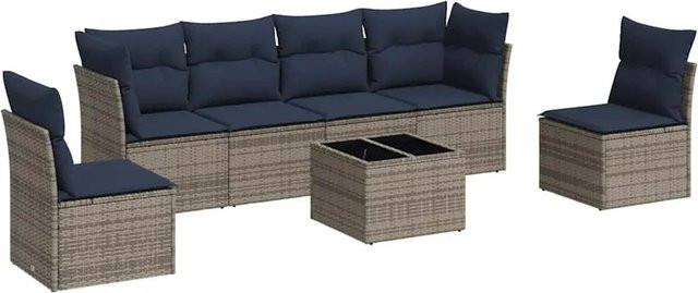 vidaXL 7-teilige Garten-Sofagarnitur in U-Form aus grauem Poly-Rattan mit Kissen und Gartentisch - Bild 1