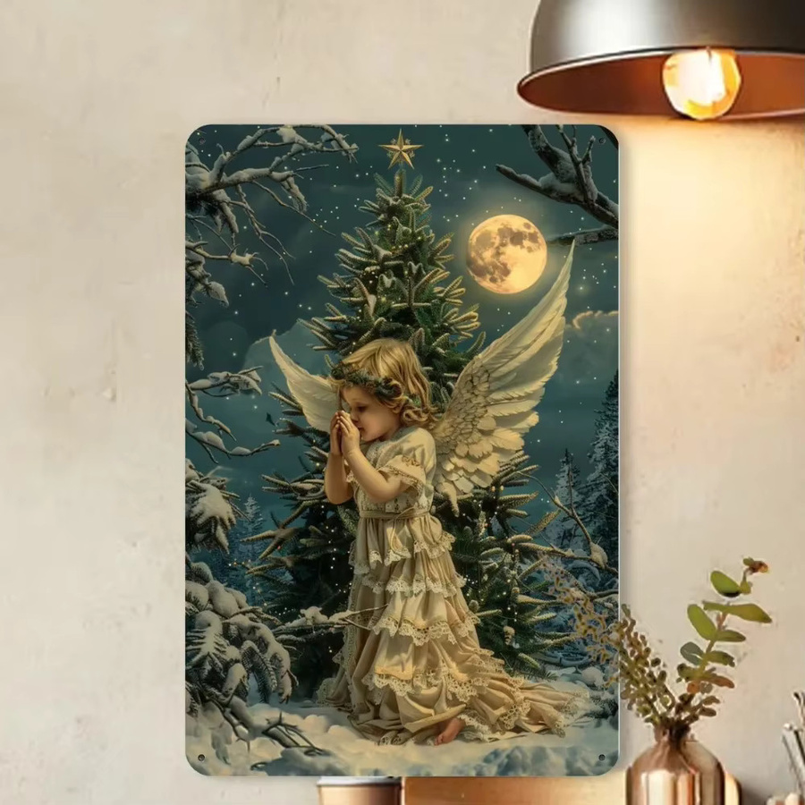 HELLOYOUNG Vintage-Engel-Metallblechschild mit Schneeszene als rustikale Weihnachts-Wanddekoration, B/H: 20,3 x 30,5 cm, Mehrfarbig - Bild 4