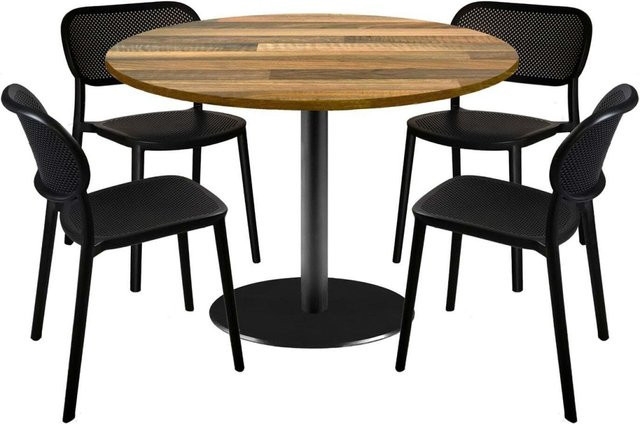 RestooTab Esstisch-Set Rome XL mit 4 Stühlen in Eiche/Dunkelbraun und schwarzem Gestell, runder Esstisch, B/T/H: 120 x 120 x 75 cm - Bild 1
