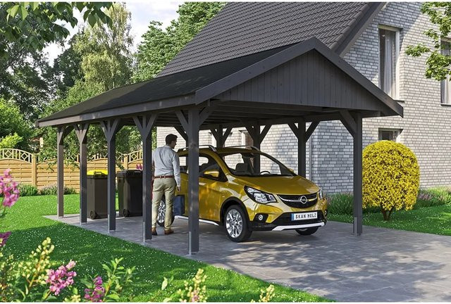 Skan Holz Carport Wallgau Satteldach in Schiefergrau mit schwarzen Dachschindeln, B/T: 430 x 750 cm, Höhe: 326 cm - Bild 1