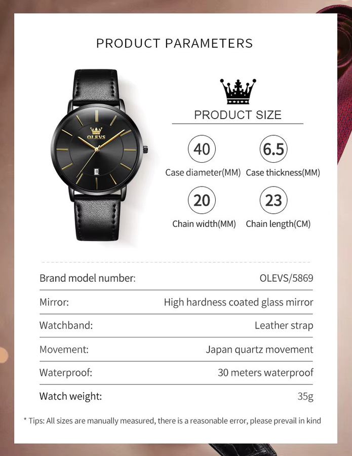 OLEVS Armbanduhr, Quarz, Leder, Schwarz, Herren - Bild 5