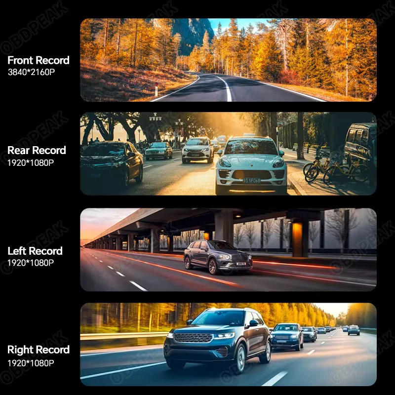OBDPEAK A8 4CH Dashcam Rückspiegelkamera mit 11,26 Zoll Display, 4K UHD, WLAN, 4 Kameras, ADAS, BSD und 24H Parküberwachung, Schwarz - Bild 3