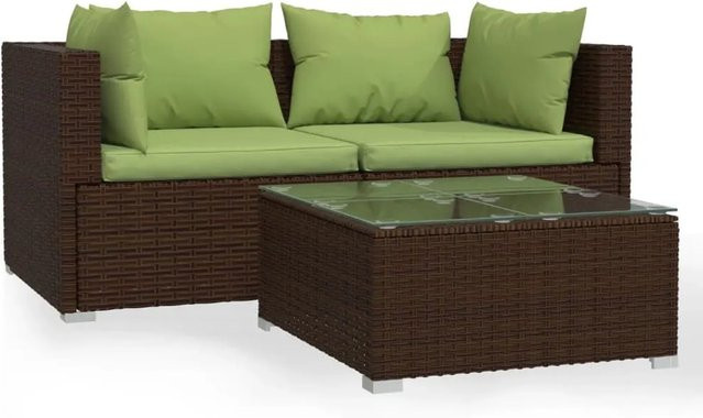 vidaXL 3-teiliges Garten-Lounge-Set in Braun mit Kissen und Couchtisch aus Poly-Rattan und Metall - Bild 1