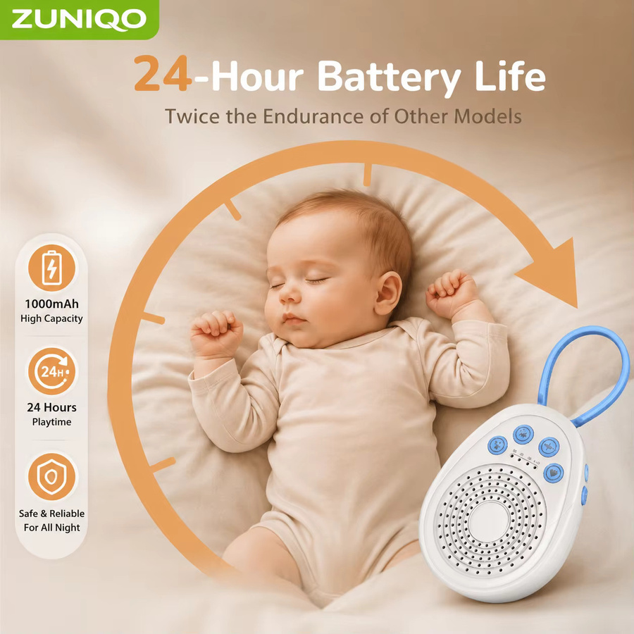ZUNIQO Baby White Noise Maschine mit 20 beruhigenden Klängen, tragbares USB-Mini-Schlafgerät für Neugeborene in Blau und Weiß - Bild 6