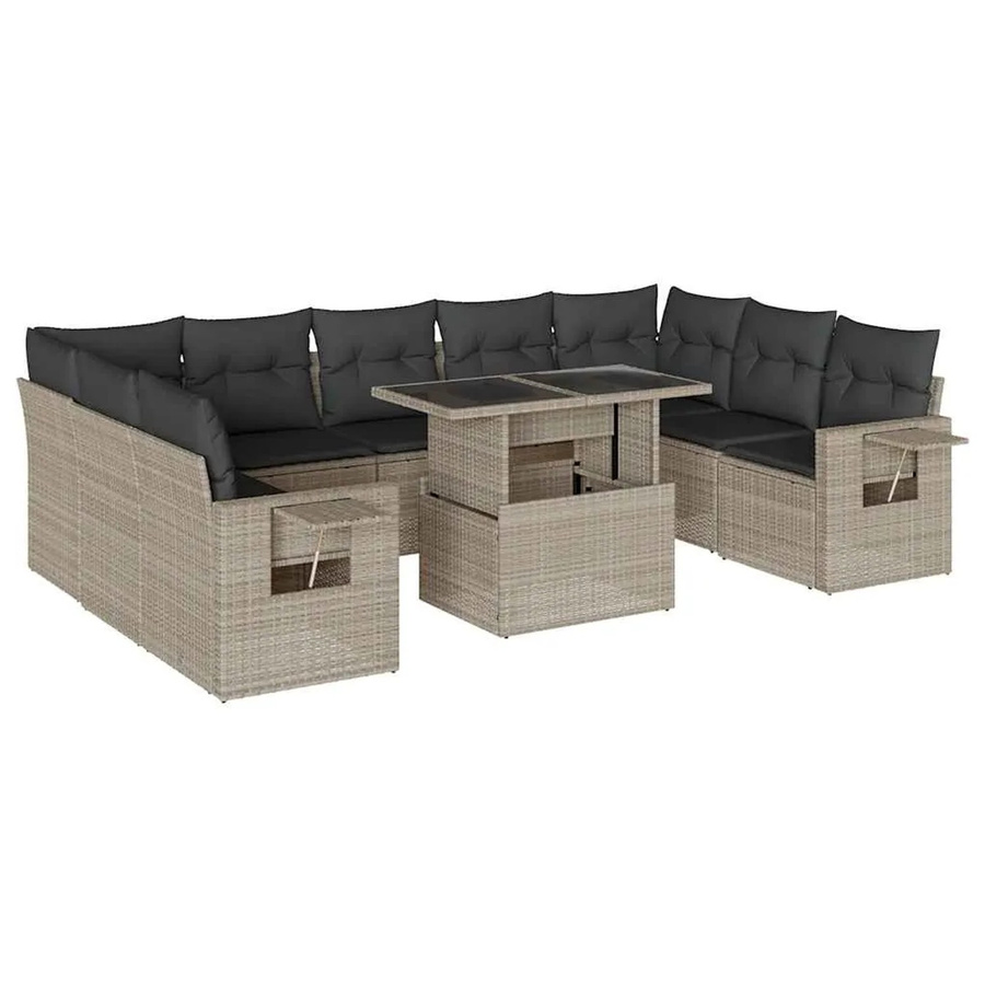 vidaXL 10-tlg. Garten-Sofagarnitur in L-Form aus Poly-Rattan mit Kissen, Hellgrau - Bild 2