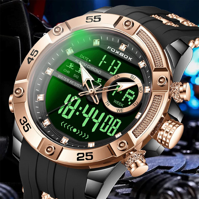 FOXOBOX Armbanduhr, Analog-Digital, Quarz, Chronograph, Edelstahl, Kautschuk, Herren, Schwarz - Bild 1