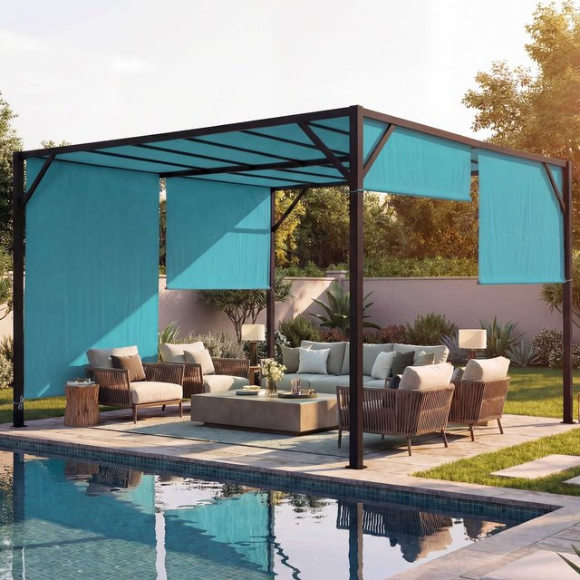 MCW Pergola Beja Garten Pavillon Terrassenüberdachung mit Schiebedach aus Stahl und Polyester, Farbe: Türkis-Blau, B/T: 4 x 3 m - Bild 1