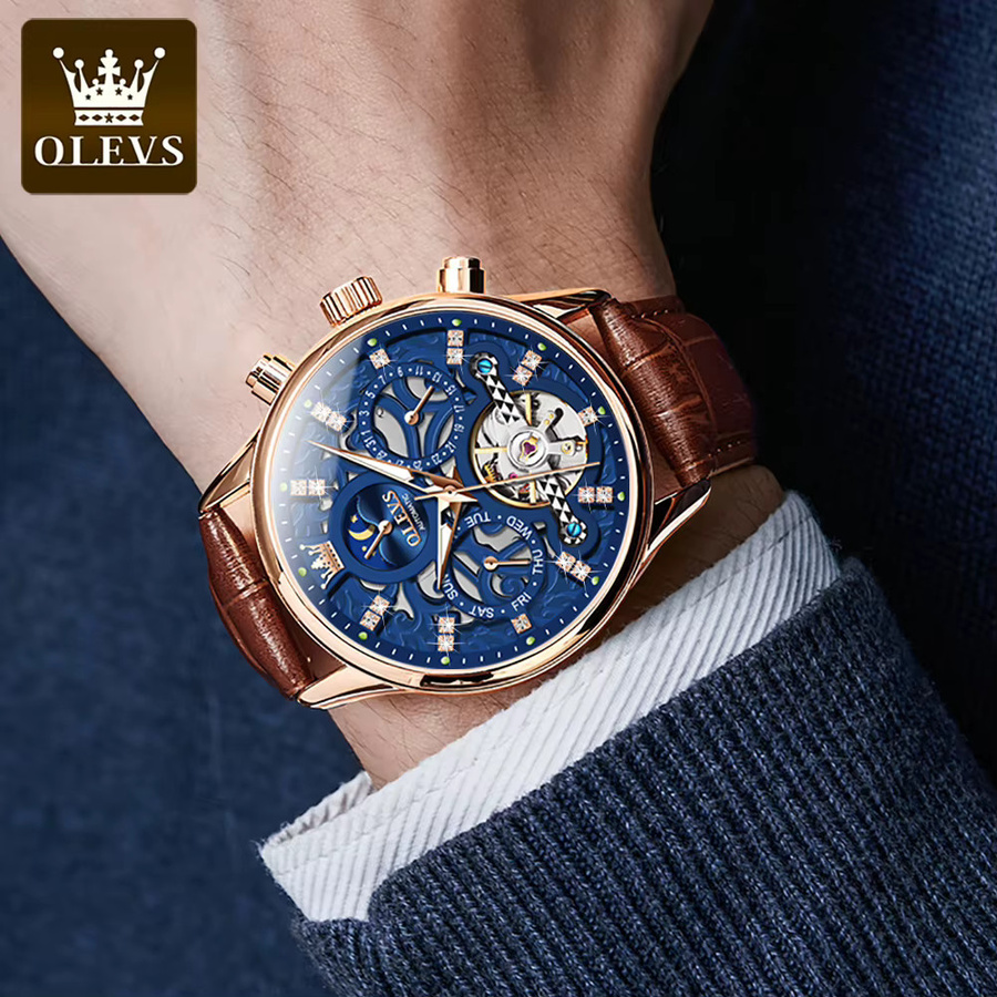 OLEVS Armbanduhr Automatik, Leder, Mondphase, Blau, Herren - Bild 3