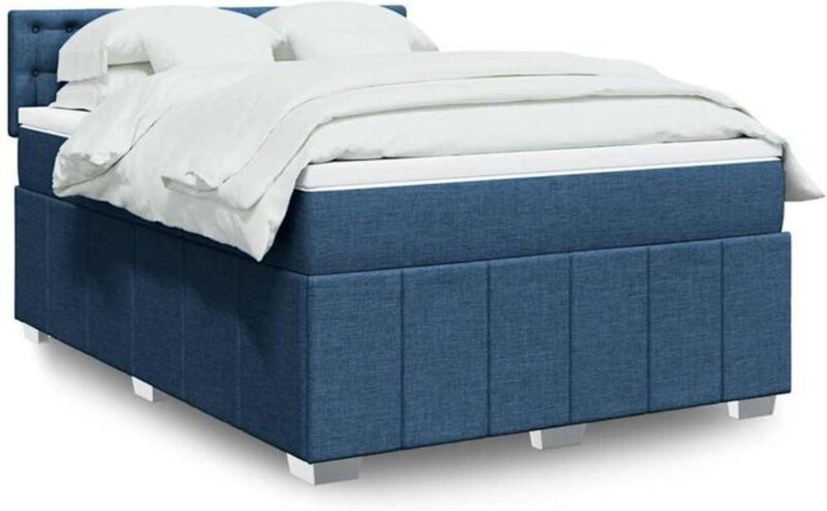 vidaxl Boxspringbett mit Matratze in Blau und Weiß aus Stoff, B/T/H: 140 x 190 cm - Bild 1