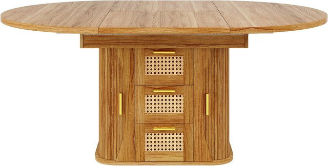 Merax Ausziehtisch in Braun mit Rattan-Schublade und Stauraum, B/T/H: 118 x 77,1 x 75 cm (ausziehbar auf 158 cm) - Bild 1