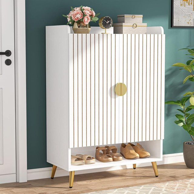 LITTLE TREE 7-stöckiger Schuhschrank aus Holz in Weiß mit Türen und verstellbaren Regalen für Flur und Wohnzimmer - Bild 1