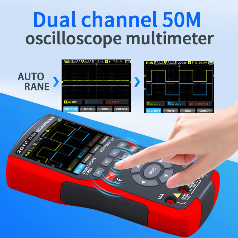 ZOYI 703S 3-in-1 Handoszilloskop in Rot: Automotive Dual-Kanal 50MHz mit 280MS Digitalmultimeter und Signalgenerator-Tester - Bild 4