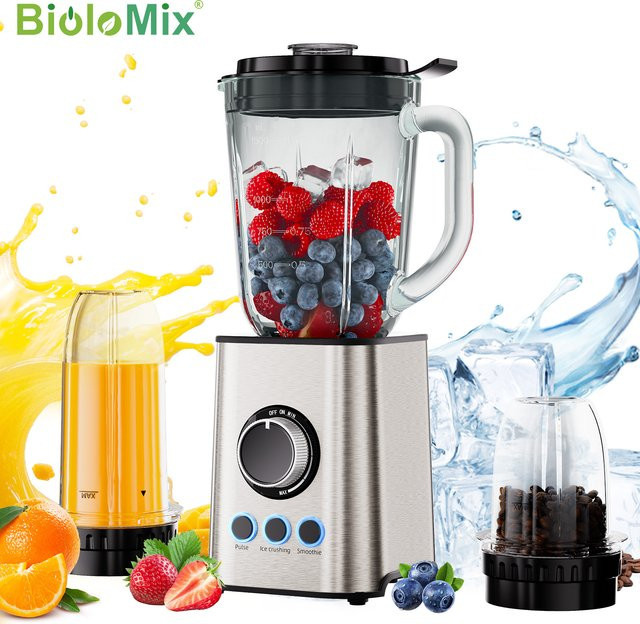 BioloMix 3-in-1 Smoothie-Mixer mit 1300W, persönlicher Mixer und Zerkleinerer mit Edelstahlklingen in Weiß und Silber - Bild 1