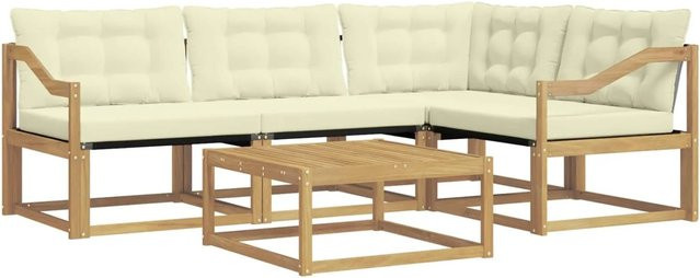 vidaXL Outdoor-Sofagarnitur aus Akazienholz mit Textilene-Polstern und Kissen, 5-teiliges L-Shape Set in Weiß und Beige, B/T/H: 79 x 79 x 37 cm - Bild 1
