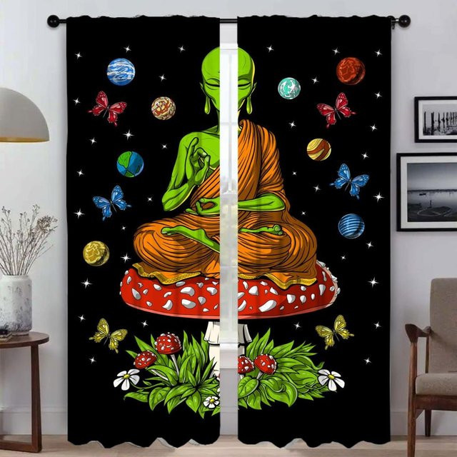 2er-Set Küchenvorhänge mit abstraktem Pilzmuster, halbtransparent, Mehrfarbig, Breite: 50 cm, Höhe: 70 cm - Bild 1