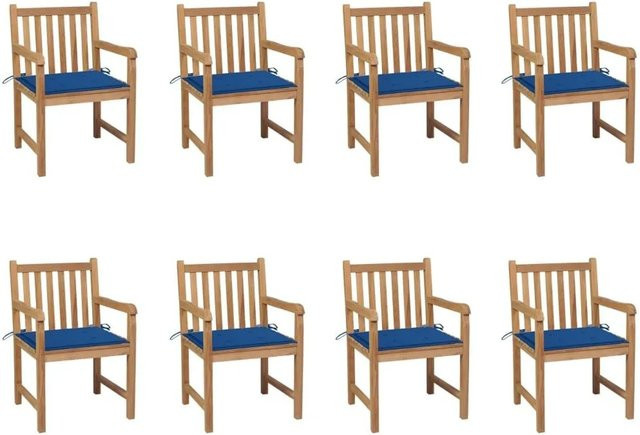 Set aus 8 Gartenstühlen von vidaXL aus Teak Massivholz mit königsblauen Polsterkissen in Braun und Blau - Bild 1