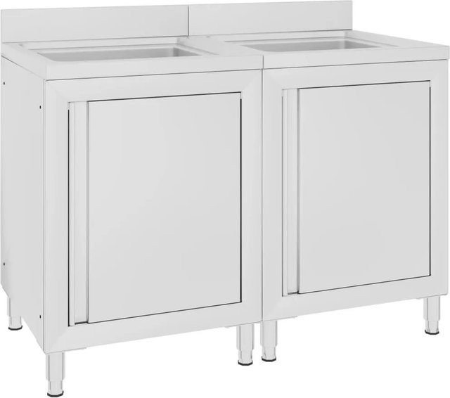 DELUKE Gastro-Spülschrank MEDO aus Edelstahl mit 2 Becken und Aufkantung, Farbe: Silber, B/T/H: 120 x 60 x 96 cm - Bild 1