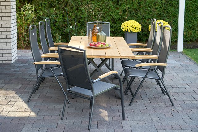 Hartman Xanadu Raffaelo Garten-Essgruppe aus Aluminium und Teakholz in Anthrazit mit 2 Stapelsesseln und 6 Klappstühlen, Tischmaße B: 220 cm, T: 100 cm - Bild 1