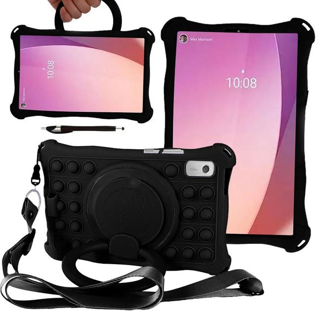 Lenovo Tab M9 TB-310FU Schutzhülle aus Silikon mit Blasenstruktur, Kinderständer und Schultergurt, Schwarz - Bild 1